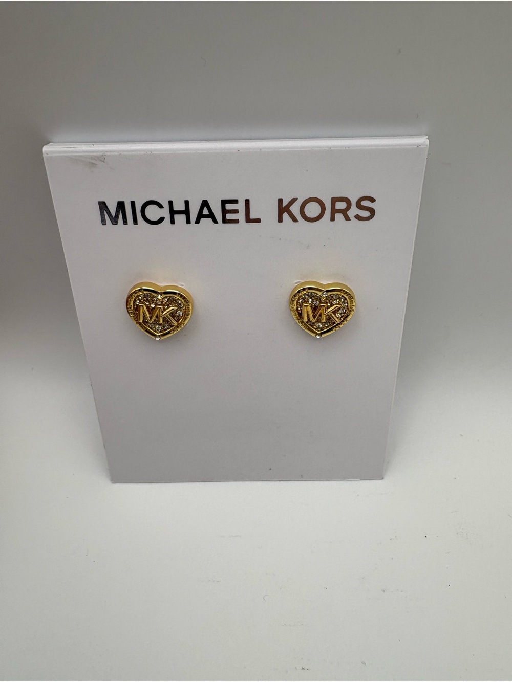 Michael Kors Gold Heart MK Logo & Rhinestones Stud Earrings - Shiny Gold